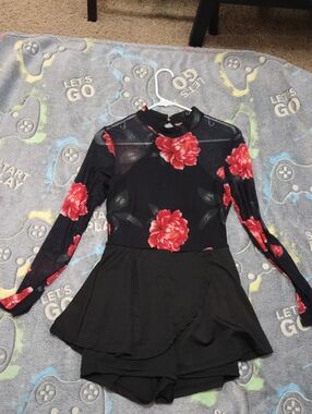 Black Floral Long-Sleeve Mock Neck Romper with Red Rose Print